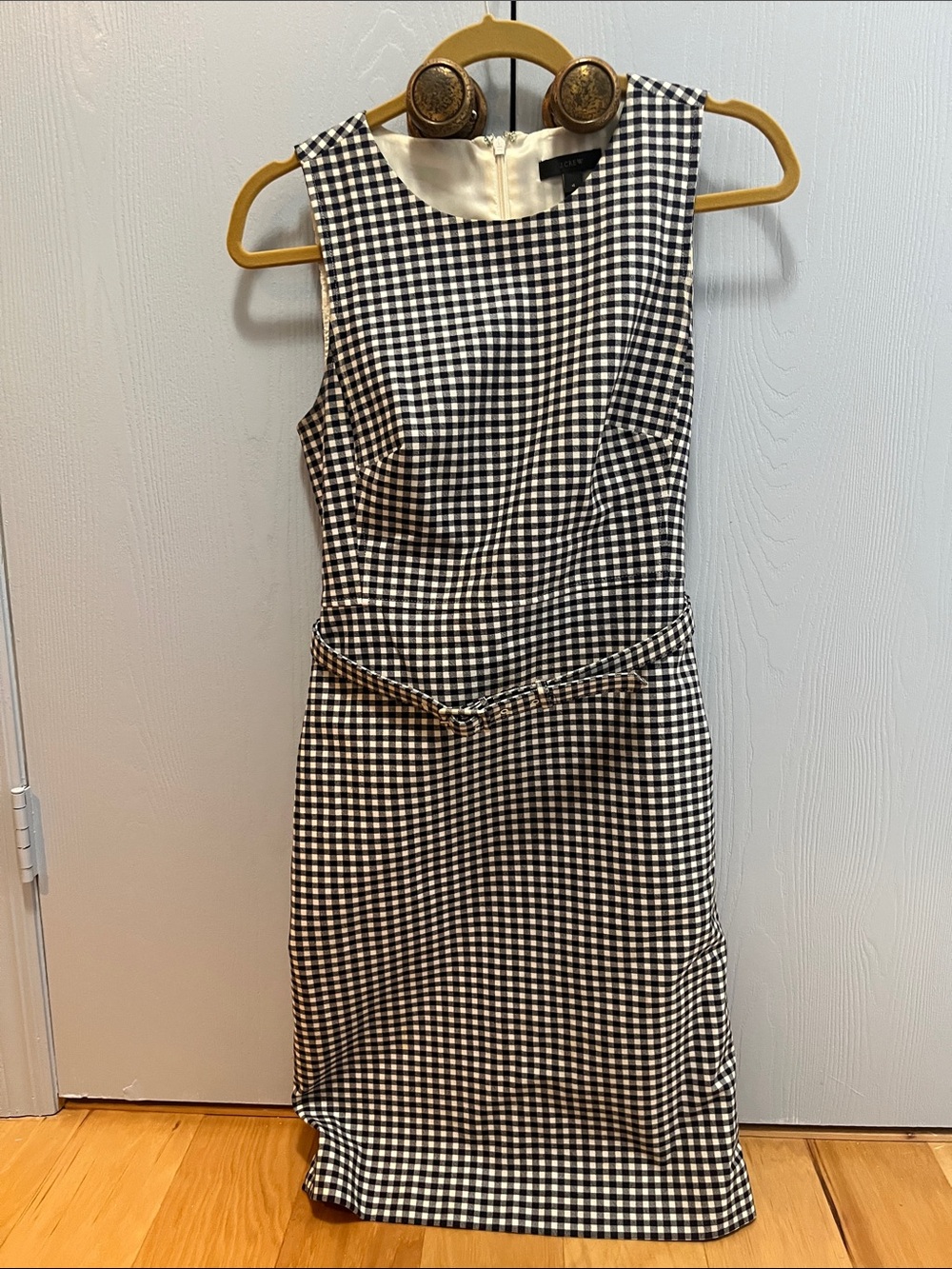 J. Crew Sleeveless Navy and White Gingham Sheath Dress w/ Belt